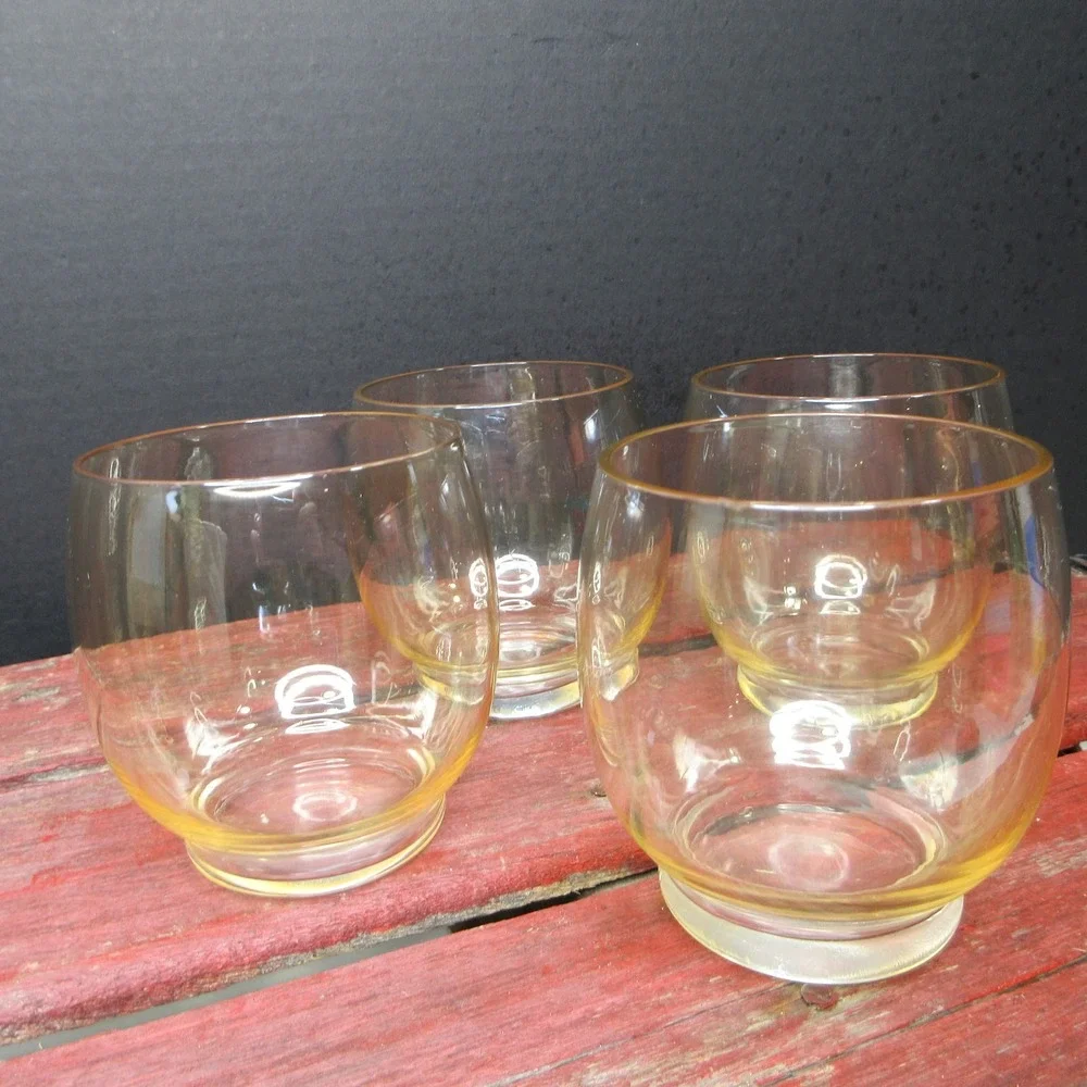 Vintage Amber Yellow Glass Pitcher & 4 Tumblers Set Juice Water Retro